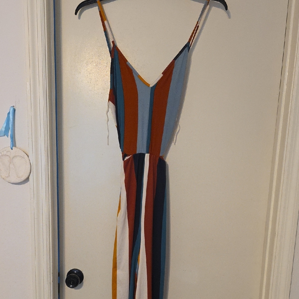lavender field Striped V-Neck Spaghetti Strap Jumpsuit in Blue, Rust & Mustard